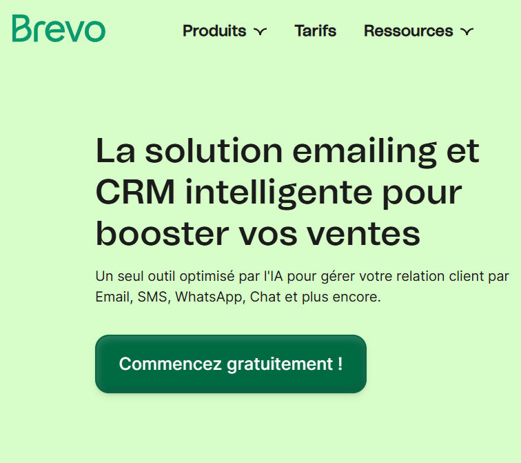 Page d'accueil de l'application BREVO, une solution marketing pour les artisans et commerçants